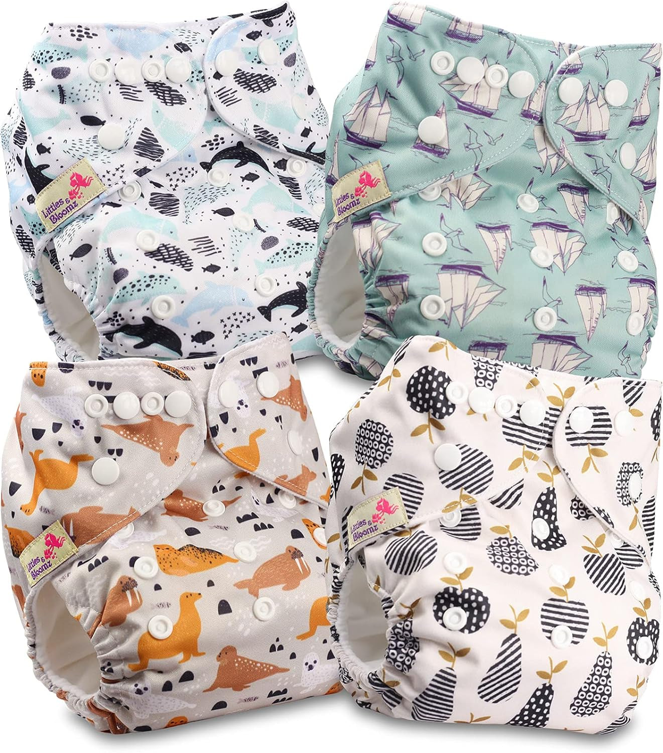 Littles and Bloomz FLP2-0406 Pañal reutilizable con clip estándar, 4 pañales