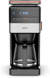 KRUPS Grind Aroma XL Cafetera espresso, Molinillo cónico desmontable, Panel de control digital, Capacidad XL (1,5 L), Función mantener caliente, Jarra de cristal, Negro/Acero inoxidable, KM842810