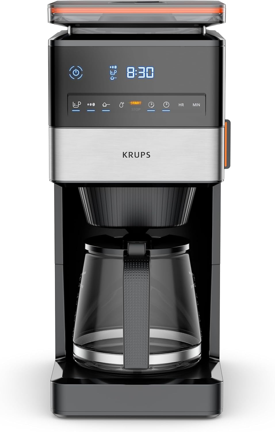 KRUPS Grind Aroma XL Cafetera espresso, Molinillo cónico desmontable, Panel de control digital, Capacidad XL (1,5 L), Función mantener caliente, Jarra de cristal, Negro/Acero inoxidable, KM842810