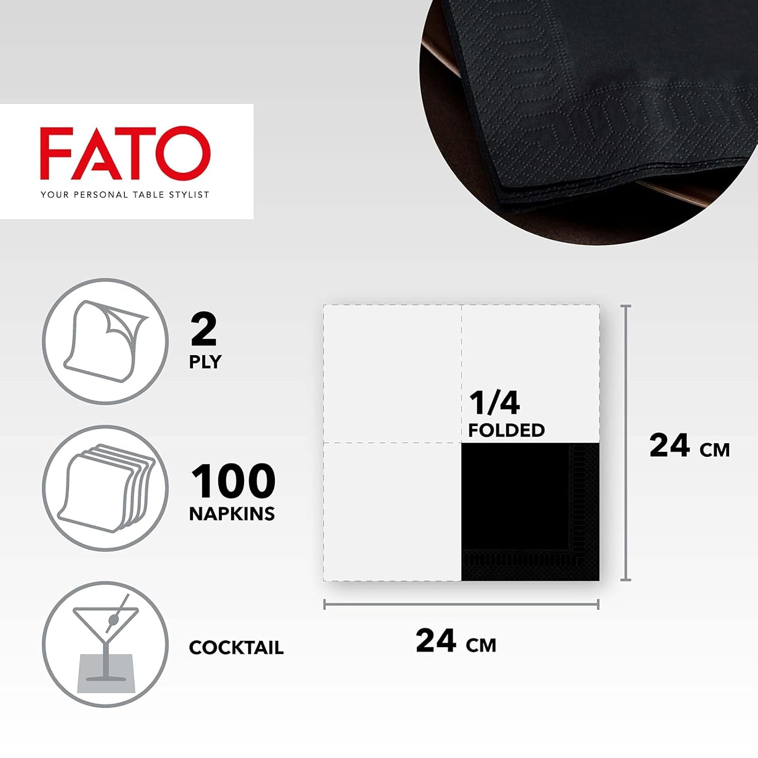 - Servilletas de papel desechables, ideales para aperitivos y cócteles, paquete de 100 servilletas, tamaño 24X24, 4 pliegues, 2 capas, color negro, papel 100% pura celulosa, certificado Fsc
