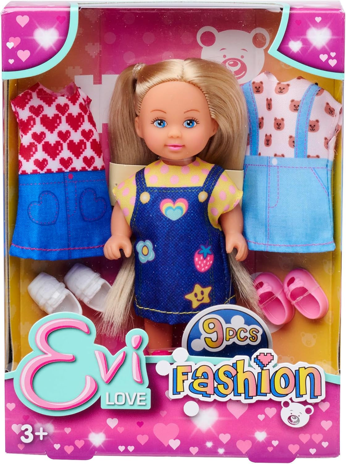 Muñeca de moda Simba Evi Love con un bonito vestido vaquero, que incluye otros dos conjuntos con estampados adorables y zapatillas de deporte, 12 cm, a partir de 3 años