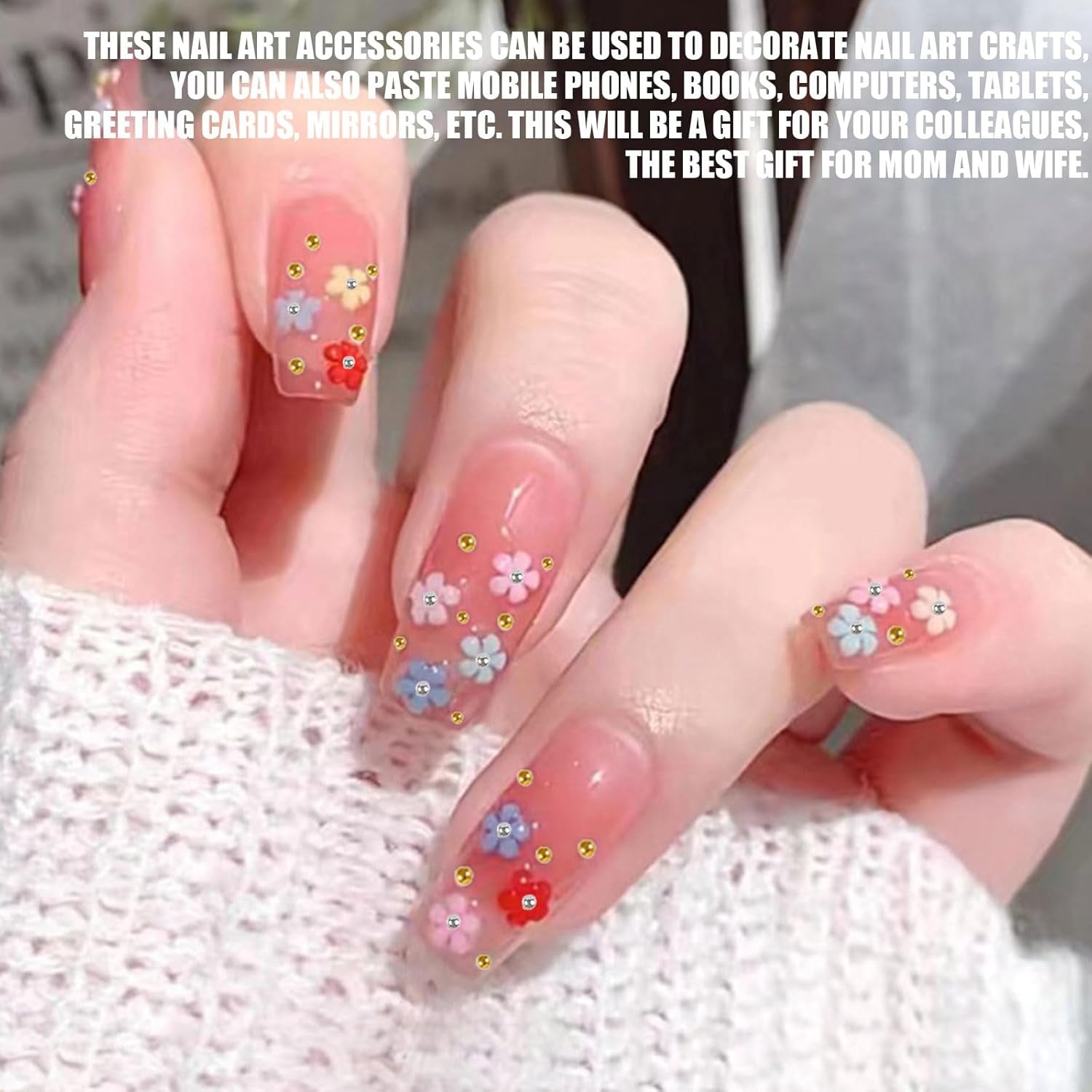 Encantos de uñas de flores 3D, 12 rejillas de resina acrílica, flores y cuentas de plata dorada, uñas de gel de flores, decoraciones de uñas de flores para mujeres y niñas, accesorios de manicura DIY