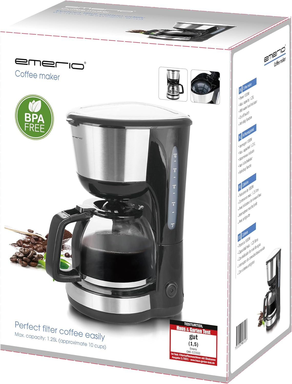 Emerio CME-122933, Cafetera de filtro, 1,25L para hasta 10 tazas de café recién hecho, filtro extraíble permanente, función antigoteo, jarra de cristal, apagado automático, 1000 vatios, negro/plateado