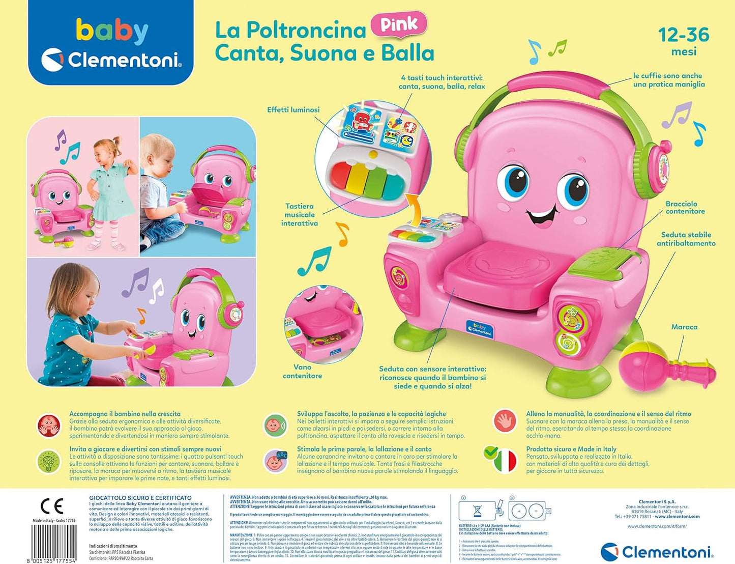 Clementoni 17755 Sillón de canto con sonido y baile rosa - Sillón interactivo y multifuncional para niños en italiano, juguete 1 año - Made in Italy, multicolor Juguetes Bebe Naty Shop
