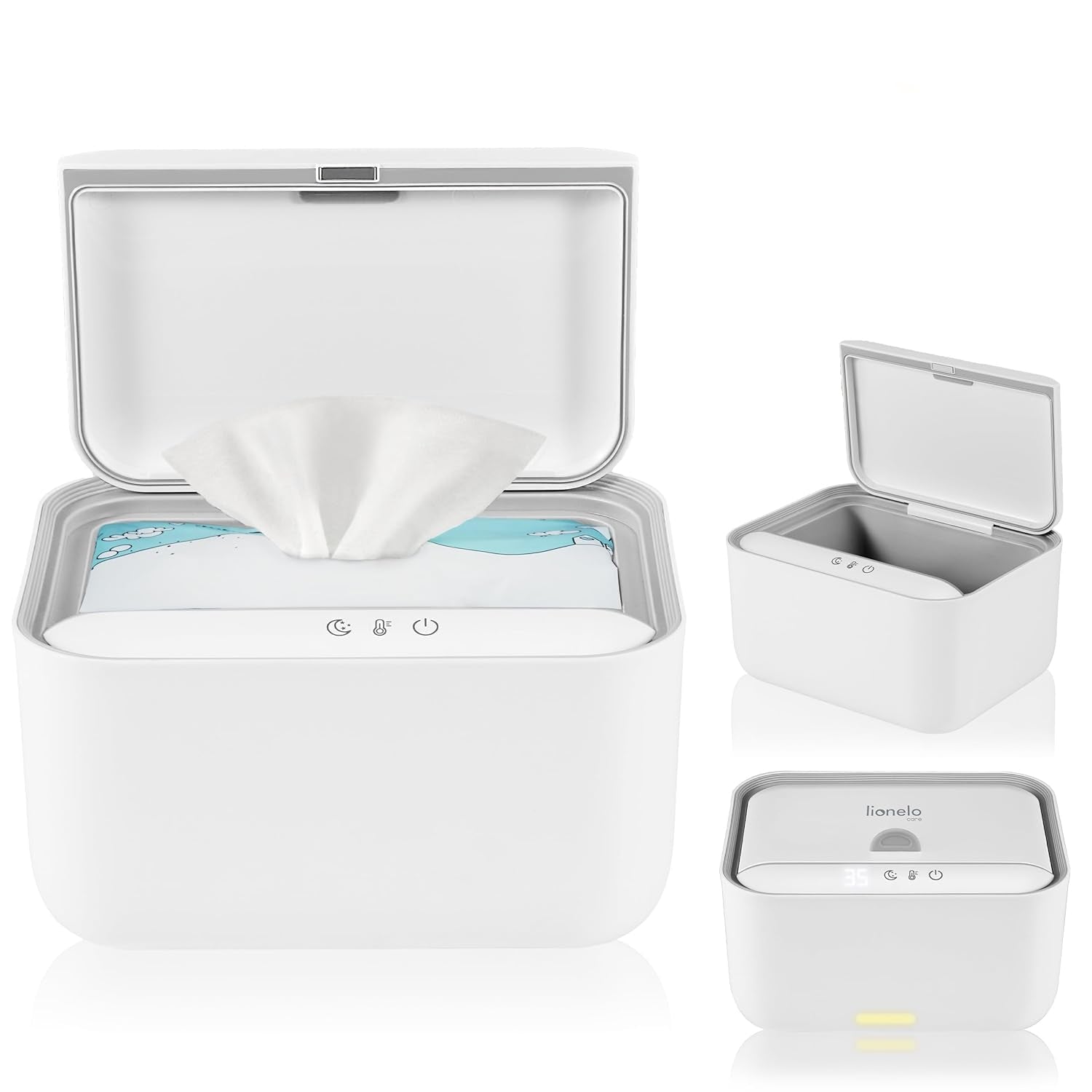Lionelo BABYBLISS 20W Calentador para toallitas húmedas y toallas pequeñas, 20W para bebés, luz nocturna incorporada, 3 configuraciones de calor, panel táctil, mantiene las toallitas húmedas