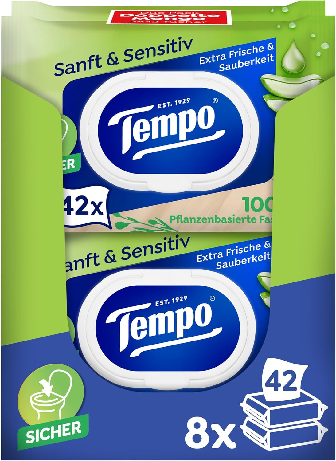 Toallitas higiénicas húmedas Tempo ''Gentle & Sensitive'' - Megapack - 16 paquetes de 42 toallitas cada uno - Duo Packs - Aloe Vera natural - Papel higiénico, dermatológicamente probado, neutro para la piel