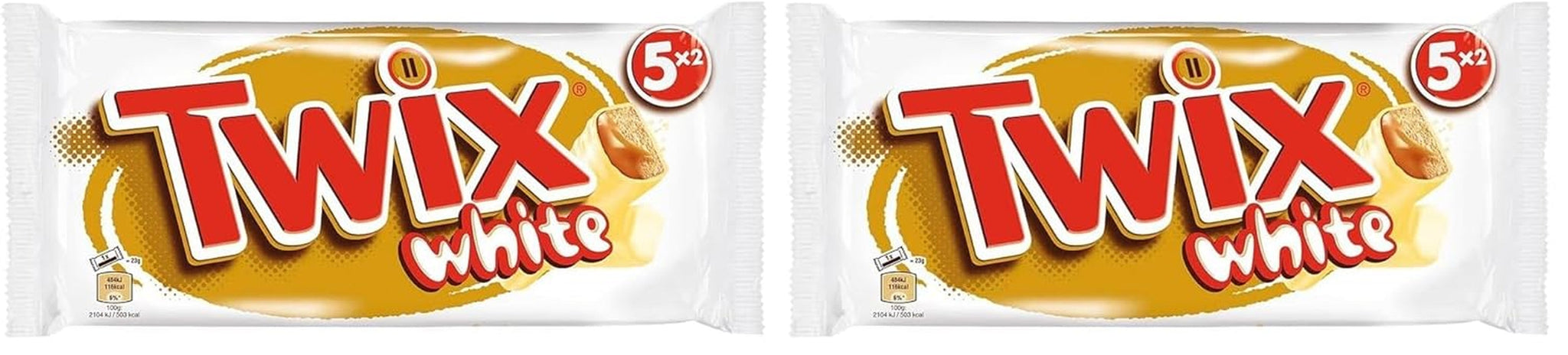 Barras de chocolate blanco Twix; caramelo, galletas, chocolate blanco; paquete múltiple de chocolates; 5 barras (5 x 46 g)