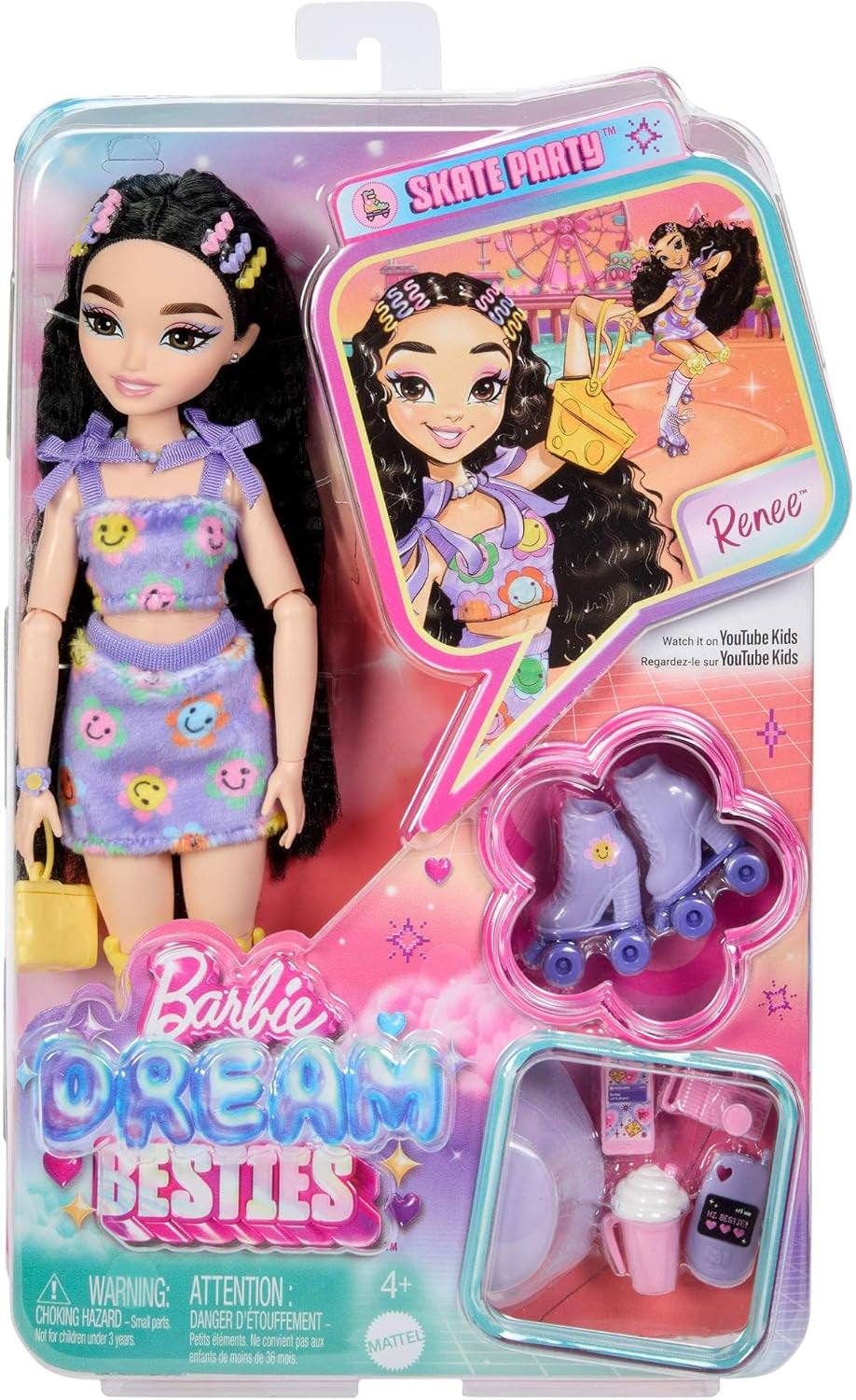 Muñeca Barbie Dream Besties y accesorios, muñeca Barbie Renee de moda con patinaje sobre ruedas y pelo negro, 12 accesorios temáticos con vídeos y comida, JFX99