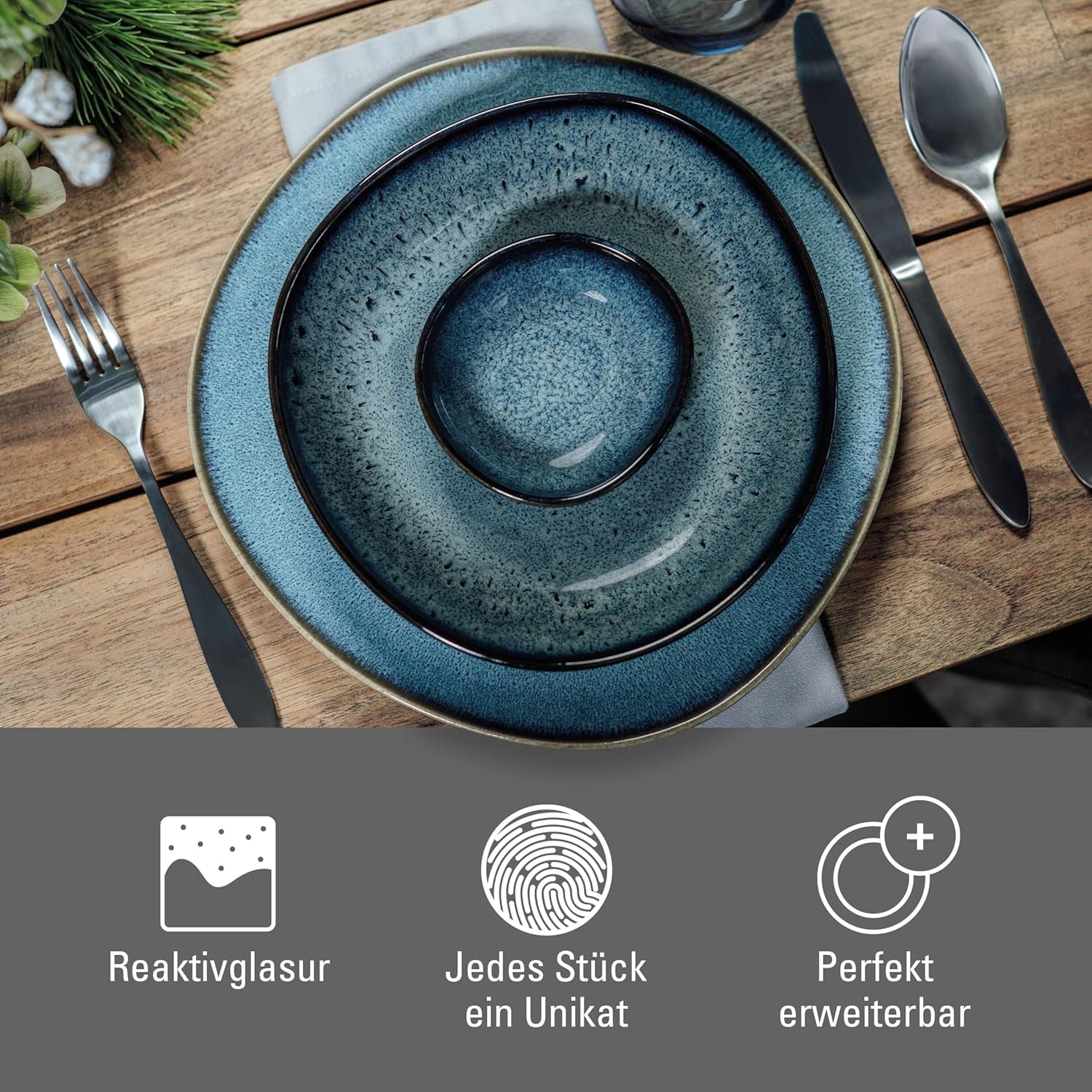 como. de Villeroy & Boch - Vajilla Lave Gris de gres, 4 piezas, aspecto cerámica, servicio de mesa para 2 personas, gris