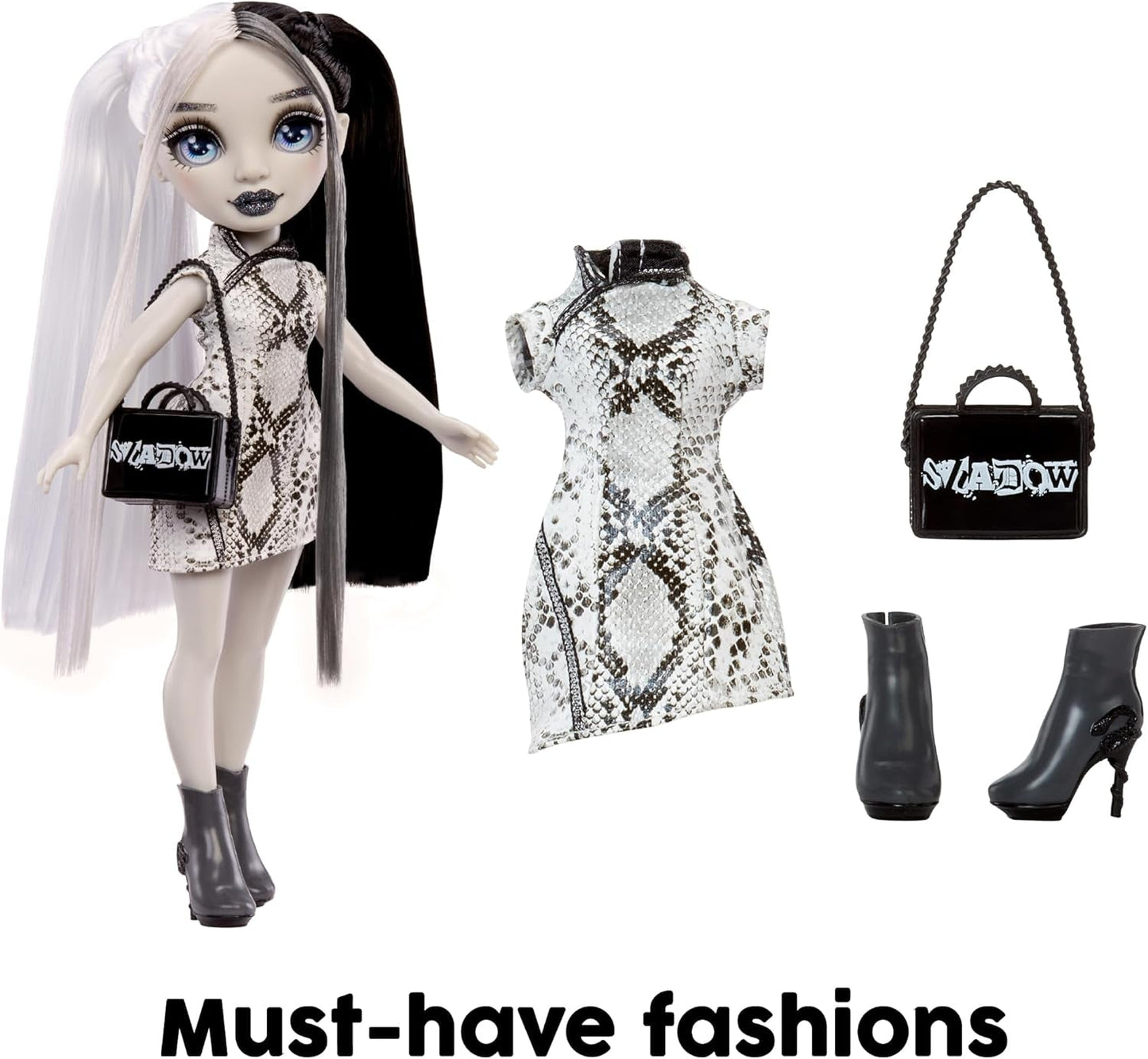 Muñeca Rainbow High Shadow High Heather Grayson - 28 cm en tonos grises, cabello y ropa en blanco y negro, bolso elegante, dulce regalo para niños de 4 a 10 años