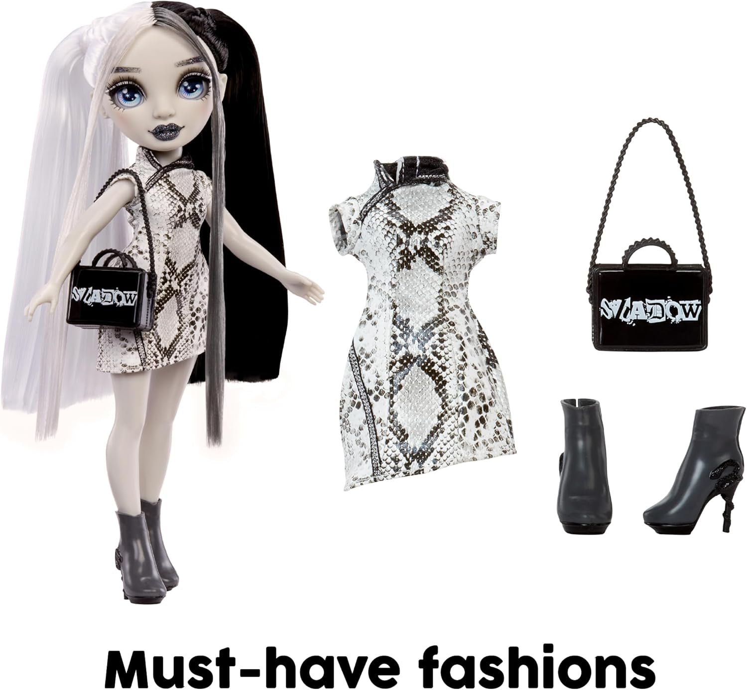 Muñeca Rainbow High Shadow High Heather Grayson - 28 cm en tonos grises, cabello y ropa en blanco y negro, bolso elegante, dulce regalo para niños de 4 a 10 años