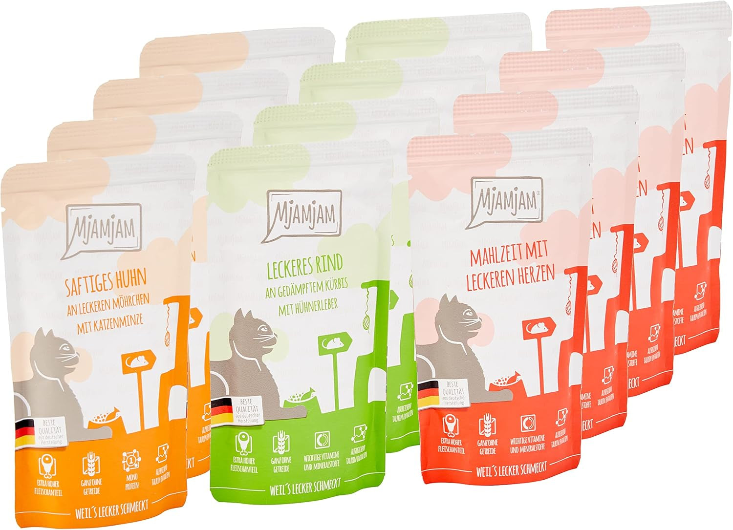 MjAMjAM - Comida húmeda premium para gatos - Paquete mixto I - Pollo, ternera y corazones Paquete de 12 (12 x 125 g), sin cereales y con carne extra