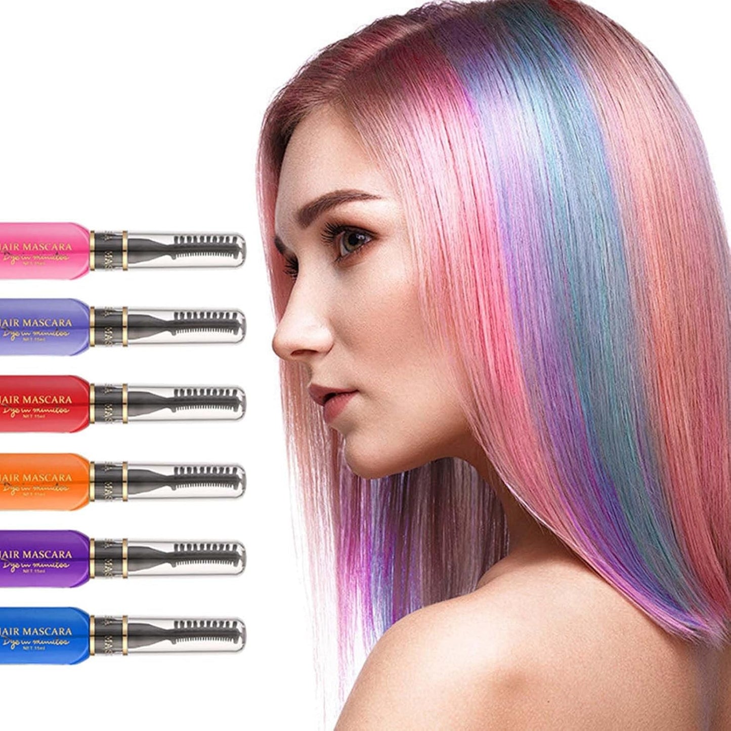 Tinte para el cabello instantáneo, 6 colores, máscara temporal para el cabello para niñas y mujeres, tiza para el cabello lavable, máscara para el cabello con arcoíris, tinte para el cabello para carnaval, Halloween, fiesta de cosplay, cumpleaños (A) Naty Shop Tinte para el cabello