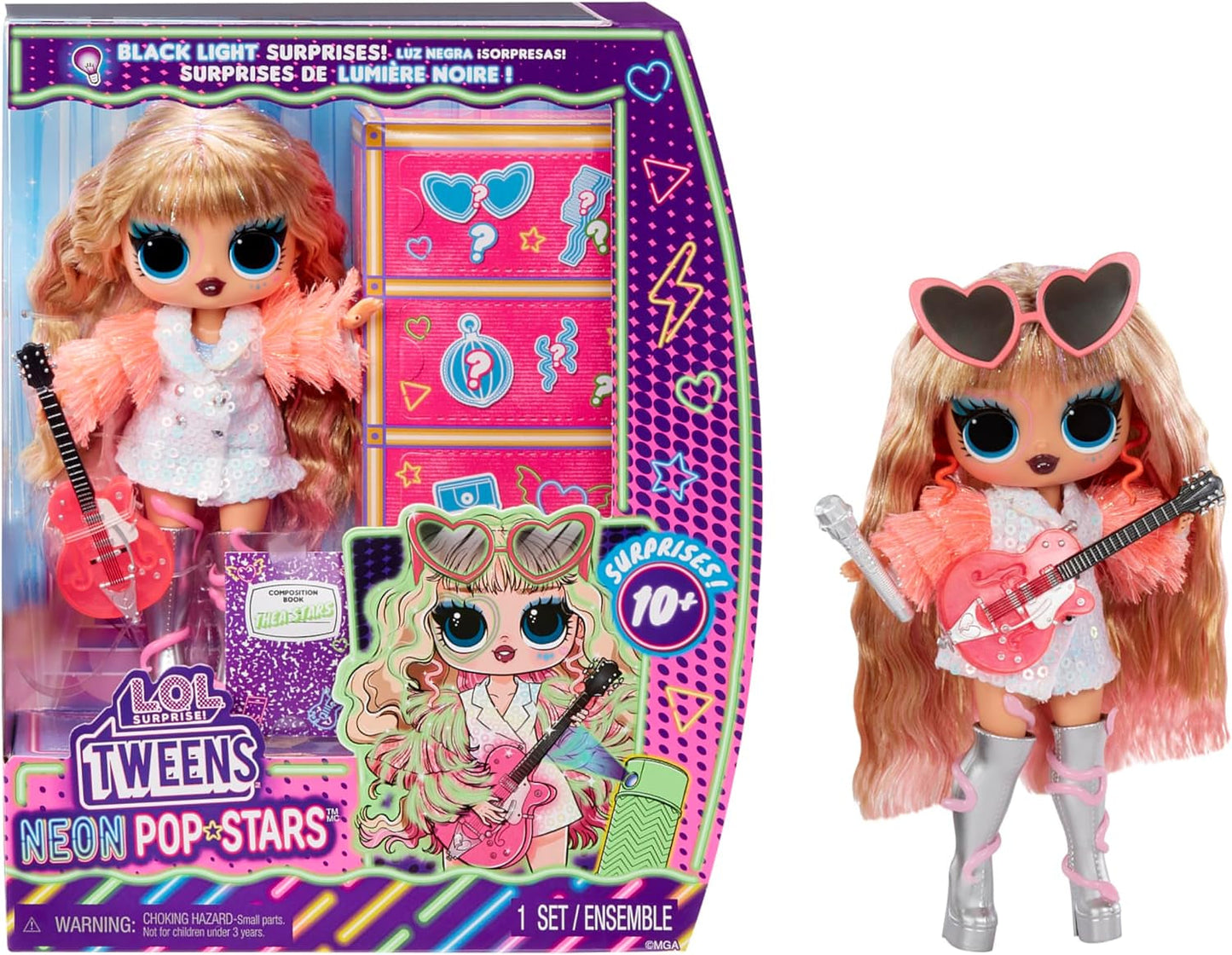 Jajaja ¡Sorpresa! Tweens Neon Pop Stars - Thea Stars - 1 muñeca de moda con sorpresas retroiluminadas y más de 10 prendas y accesorios de Pop Star, incluida su guitarra rosa fuerte, regalo para niños de 4 años en adelante