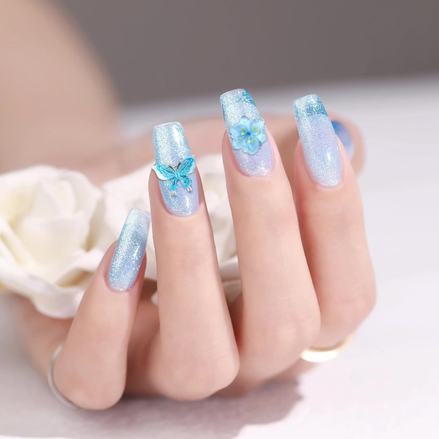 YICH Nail Charms Nägel Charms 50 Piezas Flores 3D + 50 Piezas Schmetterling 3D, Summer Nägel Deko Set Schmetterling/Flores Nail Art Nailart