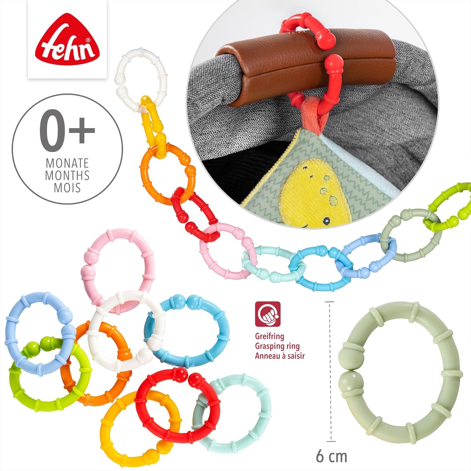 Fehn 10 set de anillas de fijación - ganchos de fijación para silla de coche, parque y cuna de bebé - anillas de fijación de cadena para cochecito para casa y de viaje - anillas en C para bebés y niños pequeños a partir de 0 meses Juguetes Bebe Naty Shop