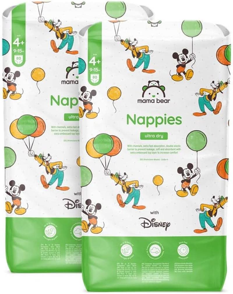 Mama Bear Disney Pañales Ultra Dry Talla 4 (8-14kg), Blanco, 84 Piezas (1 Paquete) Naty Shop Talla 4+ (9-15kg) Paquete Mensual