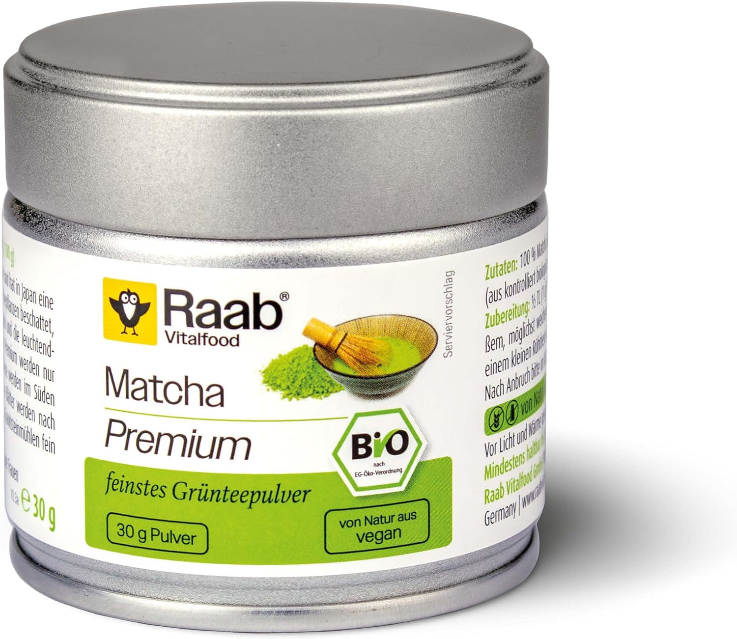 Raab Vitalfood® Premium Bio Matcha Powder (30g) - Original de Japón, matcha puro en polvo sin aditivos, finamente molido, sabor ligeramente amargo, té verde en polvo, vegano, ceremonia del té