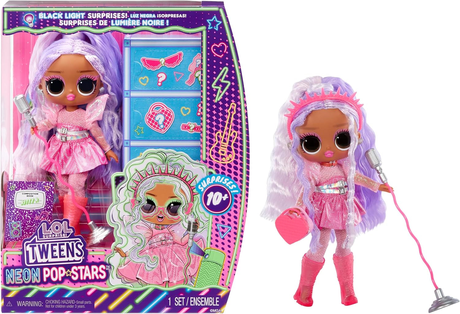 JAJAJA. ¡Sorpresa! Tweens Neon Pop Stars - Kitty K - 1 muñeca de moda con sorpresas retroiluminadas y más de 10 conjuntos y accesorios de Pop Star, incluidas microbandas retro, regalo para niños 4+ Naty Shop Kitty K Dolls