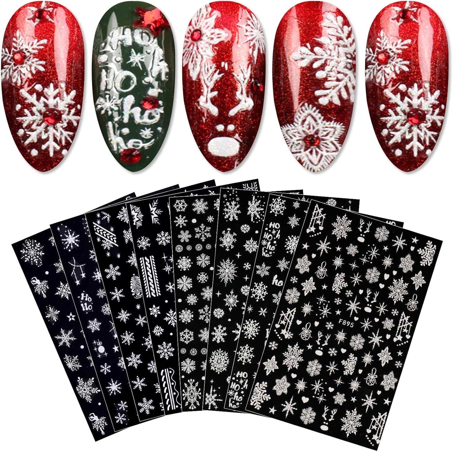 JMEOWIO Nagelsticker Weihnachten Weiß Glitter 8 Blatt Nail Art Sticker Selbstklebend Nagelaufkleber Schneeflocke Decoración navideña Nageldesign Zubehör