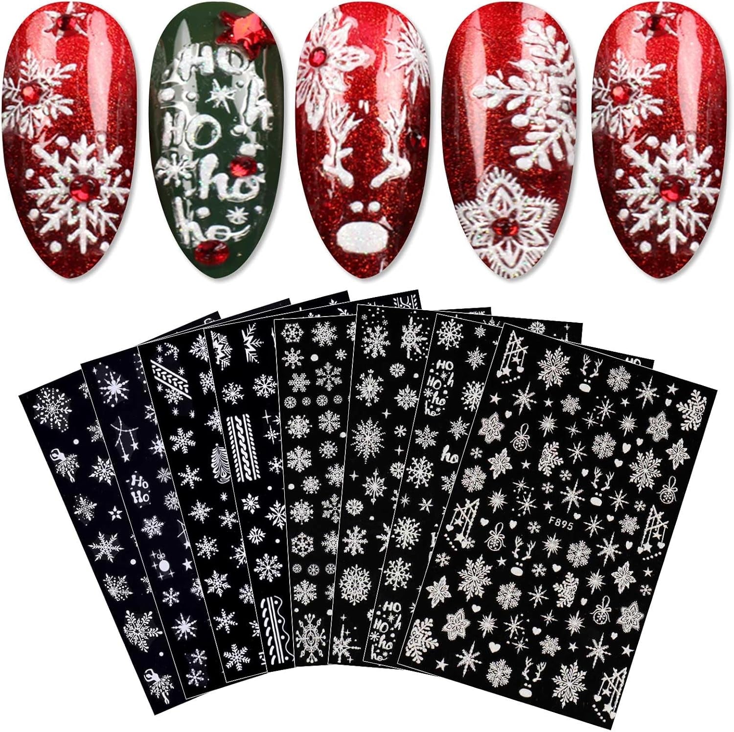 JMEOWIO Nagelsticker Weihnachten Weiß Glitter 8 Blatt Nail Art Sticker Selbstklebend Nagelaufkleber Schneeflocke Decoración navideña Nageldesign Zubehör