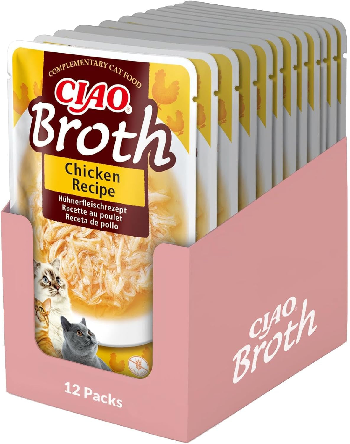 INABA Ciao Caldo Comida húmeda para gatos 88% humedad y vitamina E, sopa premium para gatos con pollo 40g (pack de 12), carne 100% natural, sin cereales, sin azúcar
