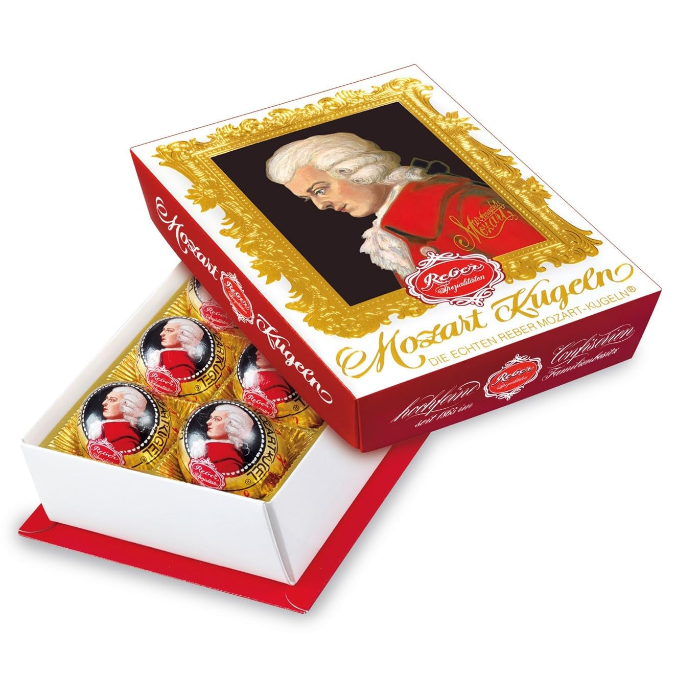 Reber Bolitas Mozart con chocolate negro, pack de 6 con mazapán y turrón, vegano - 1 x 120 g
