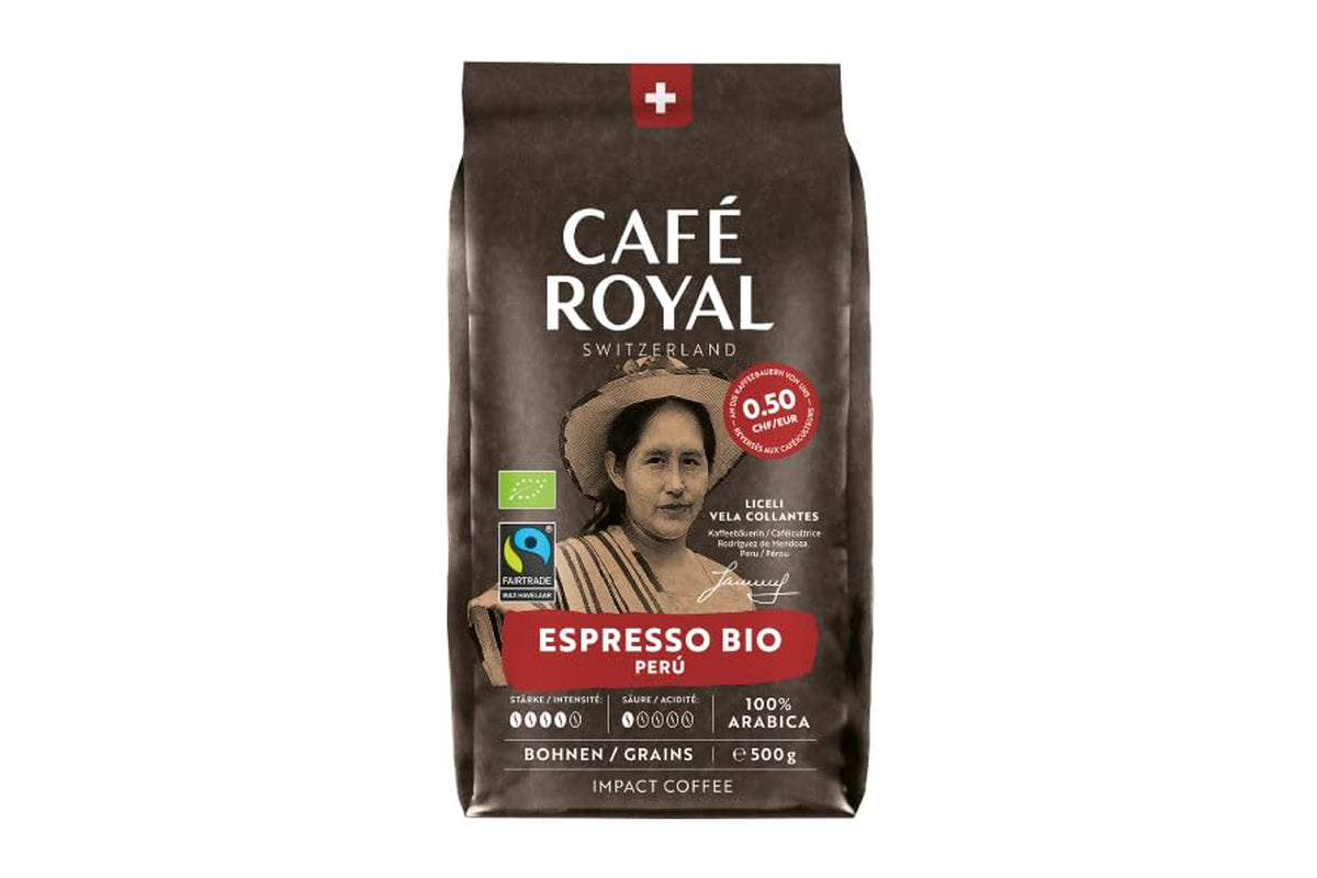 Café Royal Bio Espresso Perú – 100% Arábica Kaffeebohnen, aromatisch-intensiv, dunkle Röstung, Stärke 4/5, Bio & Fairtrade, 500 g ganze Bohnen
