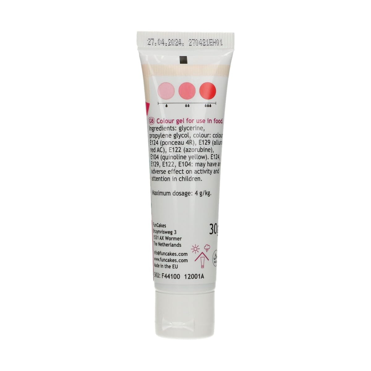 Colorante alimentario Funcakes, gel rojo: Colorante alimentario altamente concentrado para masas, natas, fondant y mazapanes. Fácil dosificación. Una sola gota para crear colores vibrantes. Halal. 30 gramos.