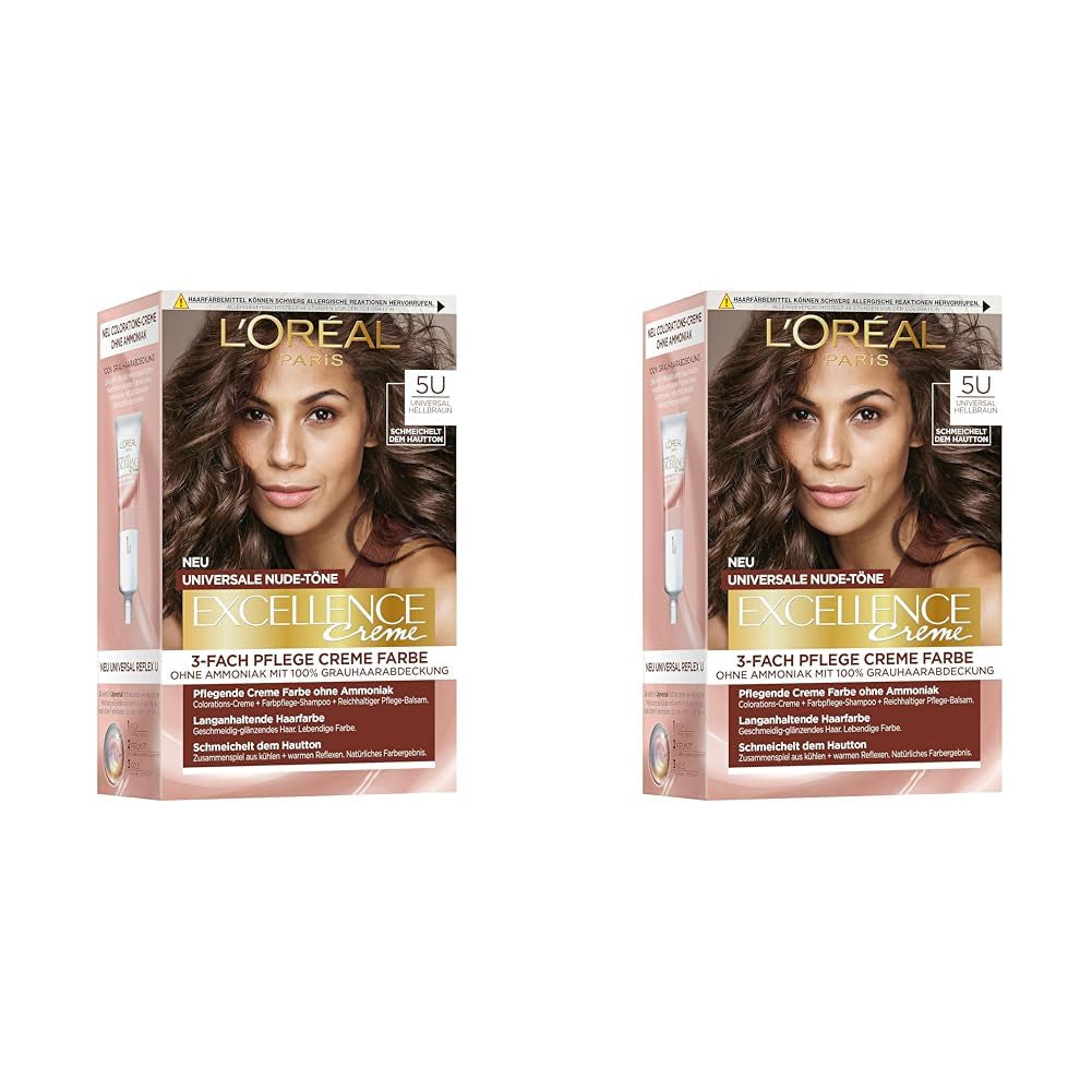 L'Oréal Paris Tinte permanente para cada tono de piel, coloración sin amoniaco, tonos nude universales con cobertura total de canas, Excellence Creme, núm. 5U Castaño Claro (Marrón), 1ud Naty Shop Tinte Capilar 5U 192 G (Pack de 2)