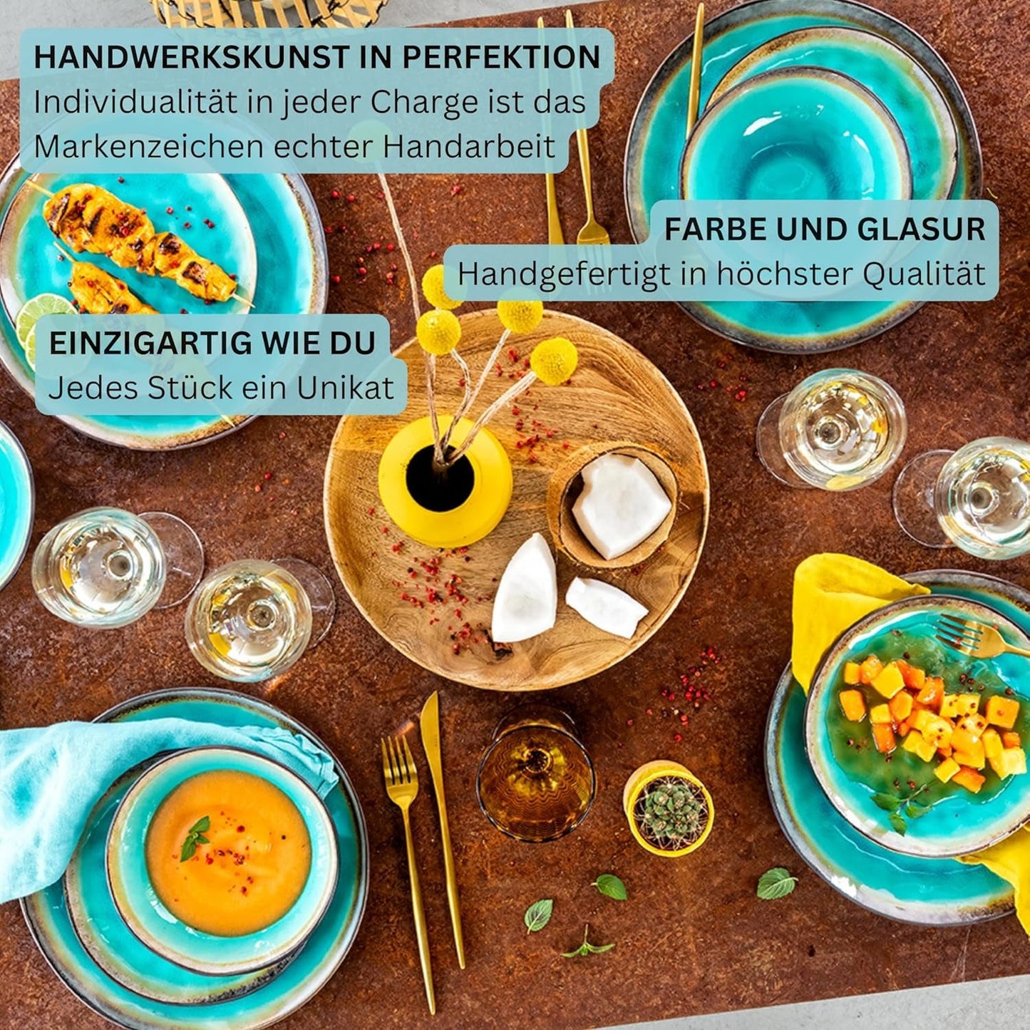 SANGER | Vajilla Capri Juego de vajilla de 12 piezas Vajilla de gres para 4 personas que incluye platos llanos, platos de postre y platos Suma Vajilla hecha a mano en color turquesa con borde gris | LA COLECCIÓN PREMIUM