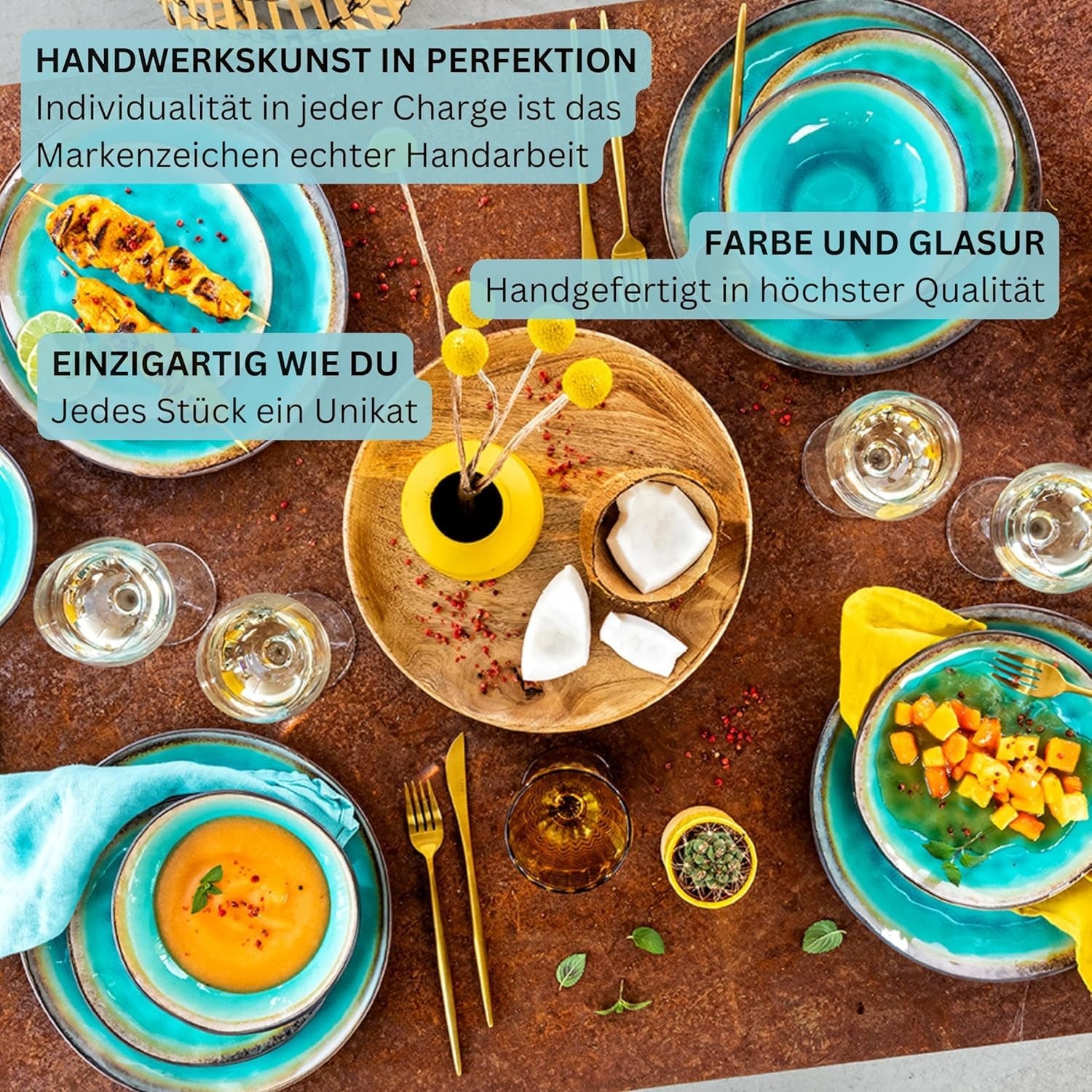SANGER | Vajilla Capri Juego de vajilla de 12 piezas Vajilla de gres para 4 personas que incluye platos llanos, platos de postre y platos Suma Vajilla hecha a mano en color turquesa con borde gris | LA COLECCIÓN PREMIUM
