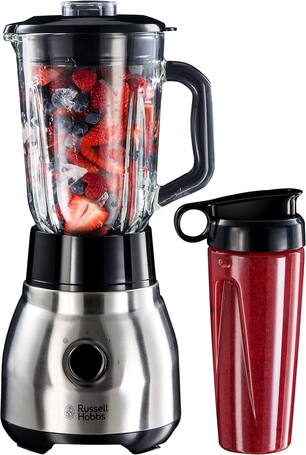 Russell Hobbs Batidora con base 2 en 1 [batidora con vaso de vidrio de 1,5 l y mini batidora de 0,6 l - To-Go-Trinkflasche Inkl. Deckel] Spülmaschinenfest, Función Impuls-/Ice-Crush, Becher BPA Frei, Edelstahl 23821-56 Cocina Naty Shop