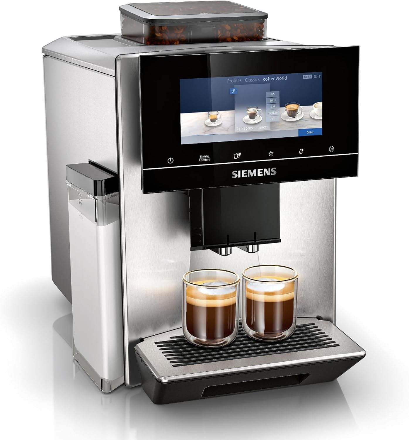 Siemens EQ900 TQ903D03 Cafetera Espresso Automática, Control App, Pantalla Táctil Intuitiva, Modo Barista, AromaBoost, Reducción de Ruido, Molinillo Premium, Limpieza Automática a Vapor, 1500 W, Acero Inoxidable