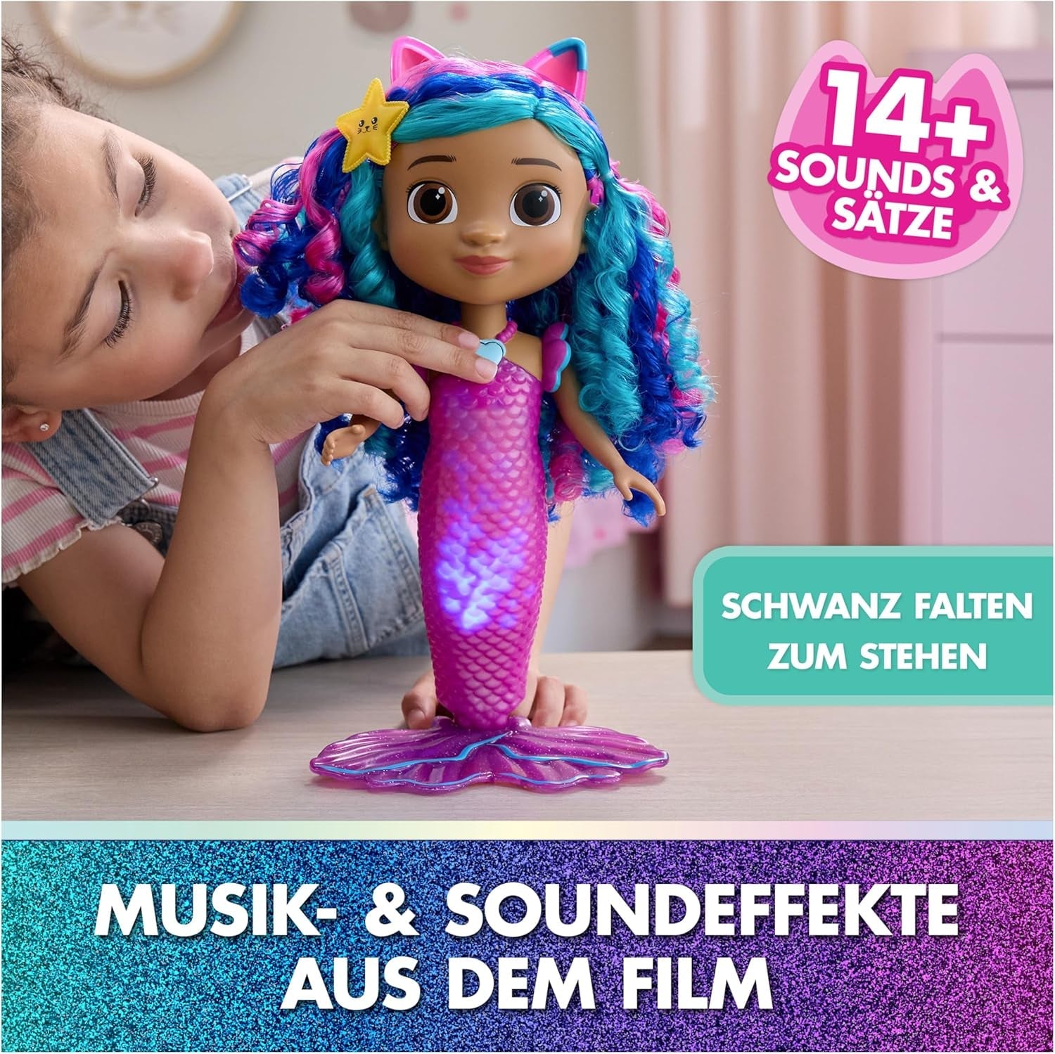 CASA DE MUÑECAS DREAMWORKS GABBY – Sing & Shine Meerjungfrau Gabby, muñeca grande de 35 cm con efectos de luz y sonido, estilo alemán, para niños de 3 años