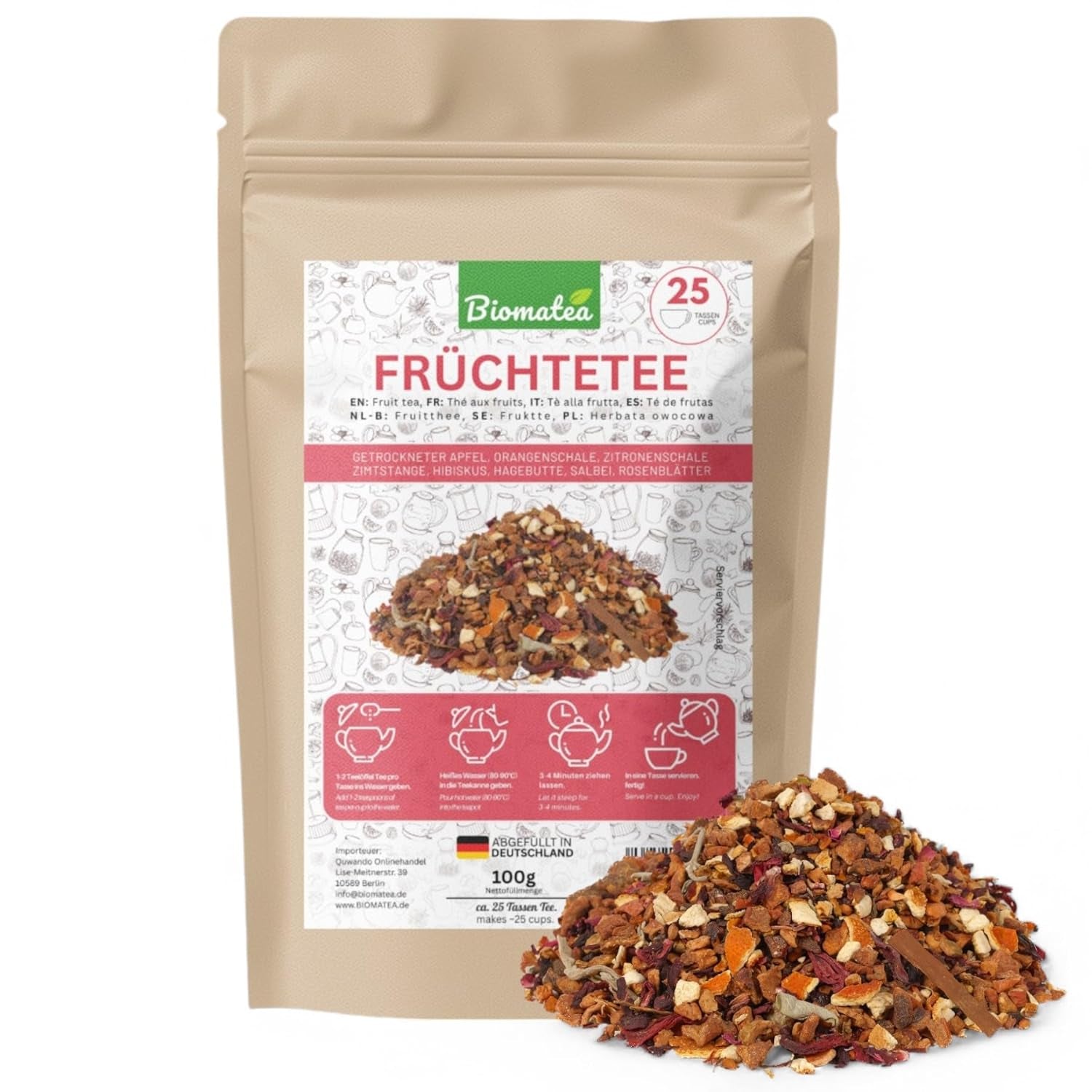 Té de frutas – 100 g de mezcla de frutas aromatizadas con manzana, hibisco y canela – Bolsa ziplock, aprox. 25 tazas – Sin aditivos, envasados ​​en Alemania
