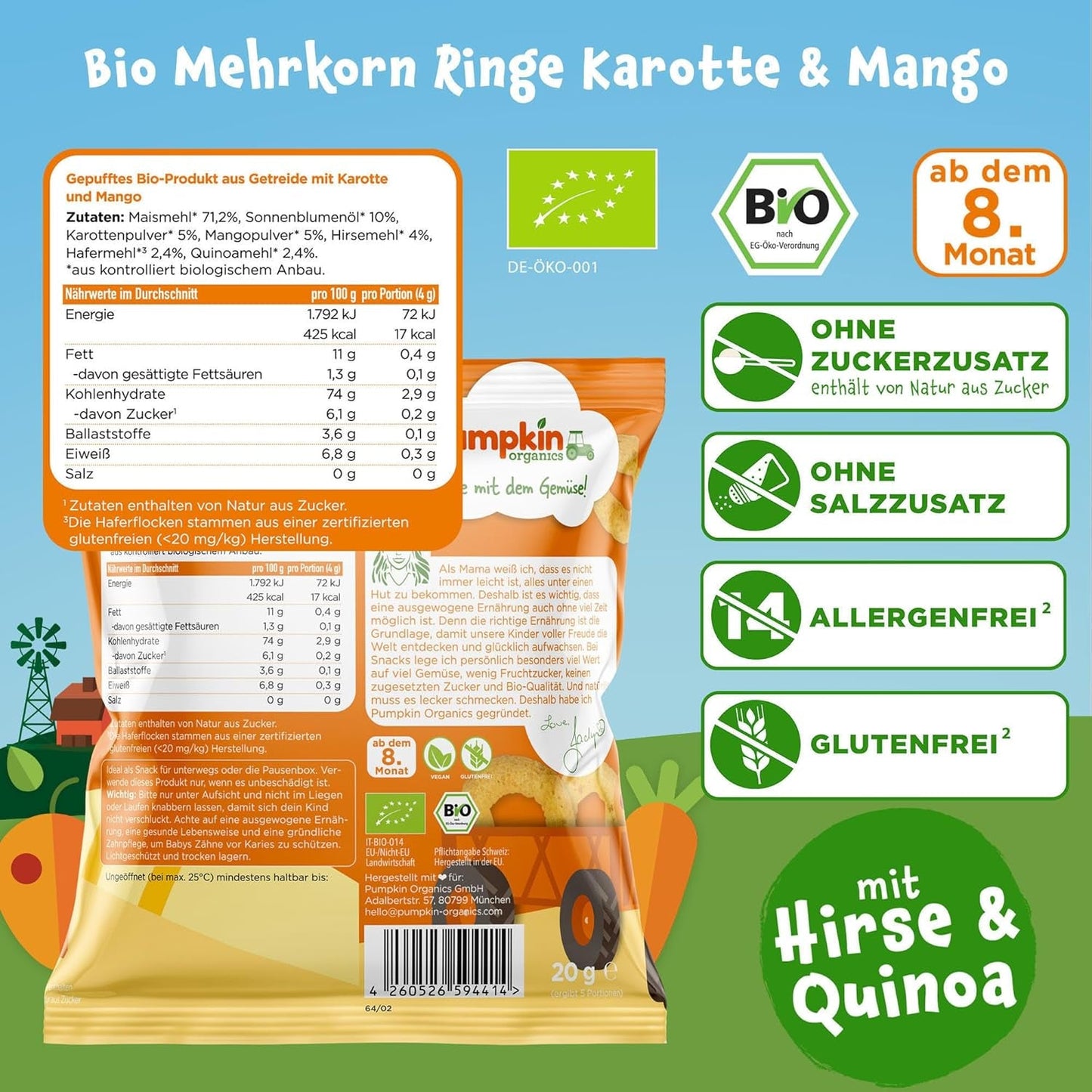 Pumpkin Organics Baby Aros multicereales de zanahoria y mango (paquete de 8) Snacks para bebés sin aditivos a partir de 12 meses - Sin alérgenos² y sin gluten³ Snacks crujientes para bebés (8 x 20 g)