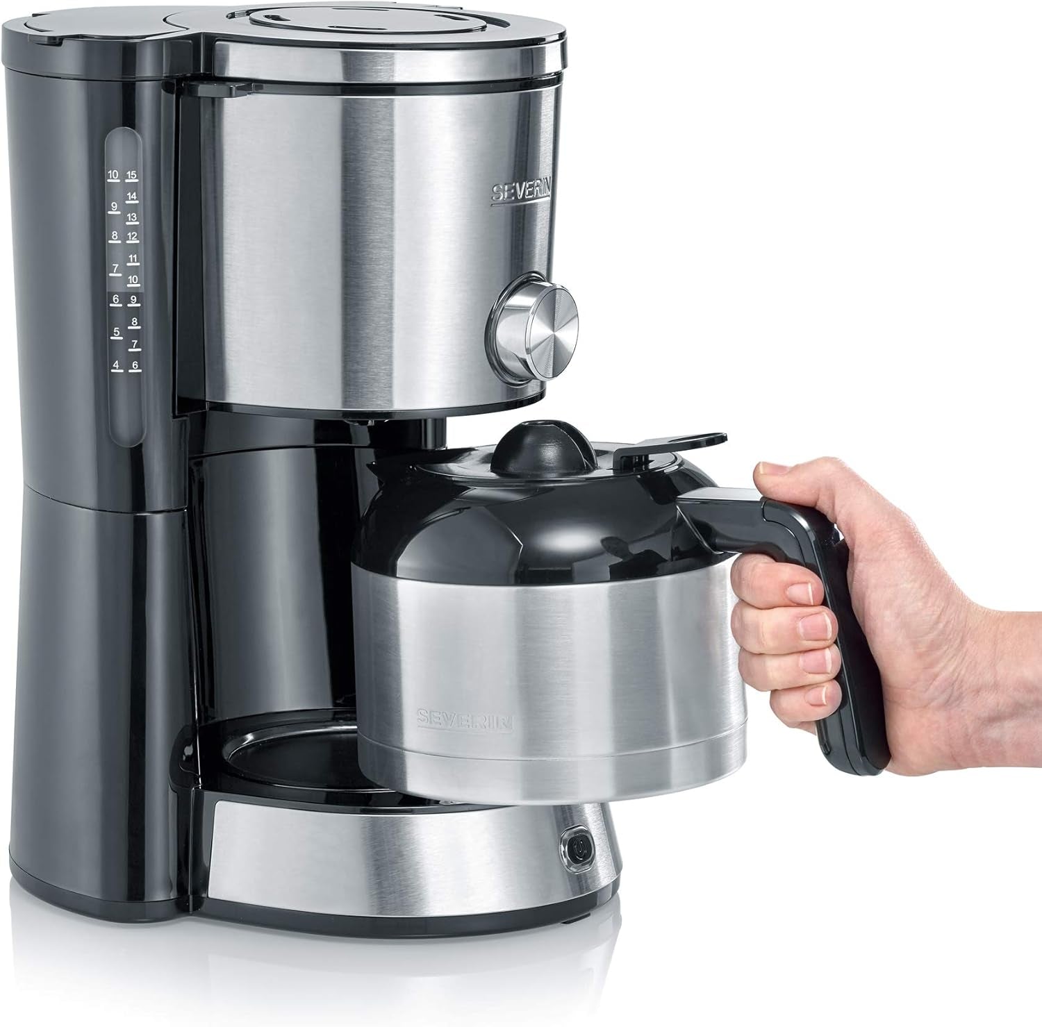 SEVERIN Cafetera espresso "TypeSwitch" con jarra térmica, AromaSwitch para elegir entre 2 perfiles de preparación, cafetera para hasta 10 tazas, 1000W, acero inoxidable cepillado-negro, KA 4845