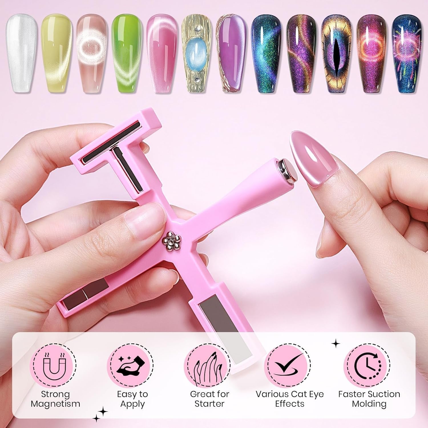 SUPWEE Herramienta de imán de uñas 5 en 1, imán de ojo de gato rosa para uñas multifunción, imán magnético 3D DIY Magic Stick Pen Set Nail Art Magnet Stick para Nail Art Diy-Zubehör