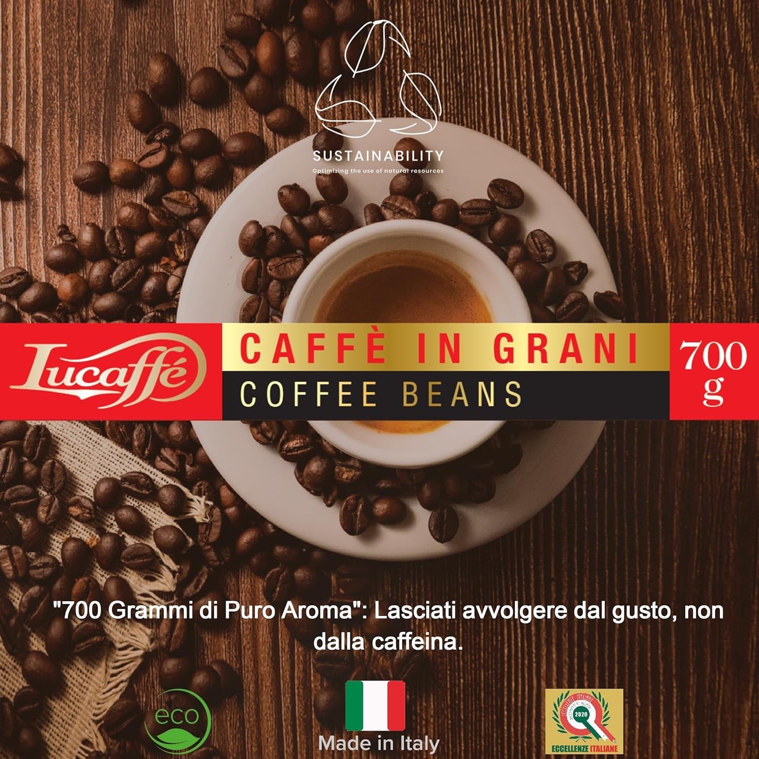 Lucaffè - Entkoffeinierte Kaffeebohnen Decaffeinato, 700 Gr | Kaffeebohnen zum Mahlen für Espresso ohne Kaffein | Rostung oscuro | Süßer und fruchtiger Gesmack, cremoso | Intensivos de aromas