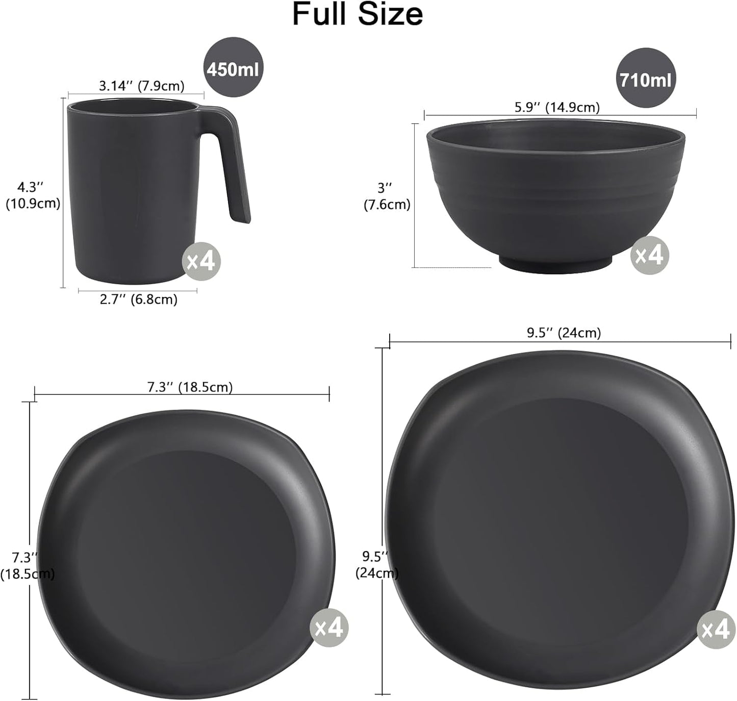 Juego de vajilla de polipropileno | Juego de vajilla ligera e indestructible de 16 piezas para niños y adultos, 4 platos, 4 platos de postre, 4 tazones, 4 tazas, juego combinado para 4