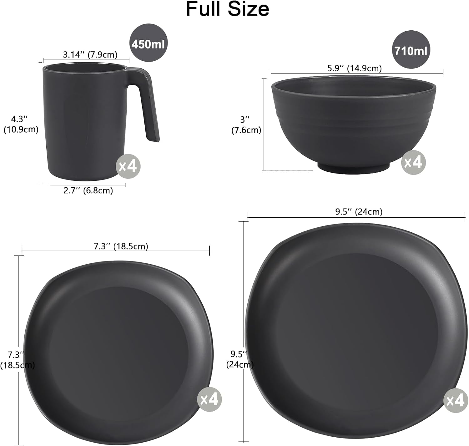 Juego de vajilla de polipropileno | Juego de vajilla ligera e indestructible de 16 piezas para niños y adultos, 4 platos, 4 platos de postre, 4 tazones, 4 tazas, juego combinado para 4