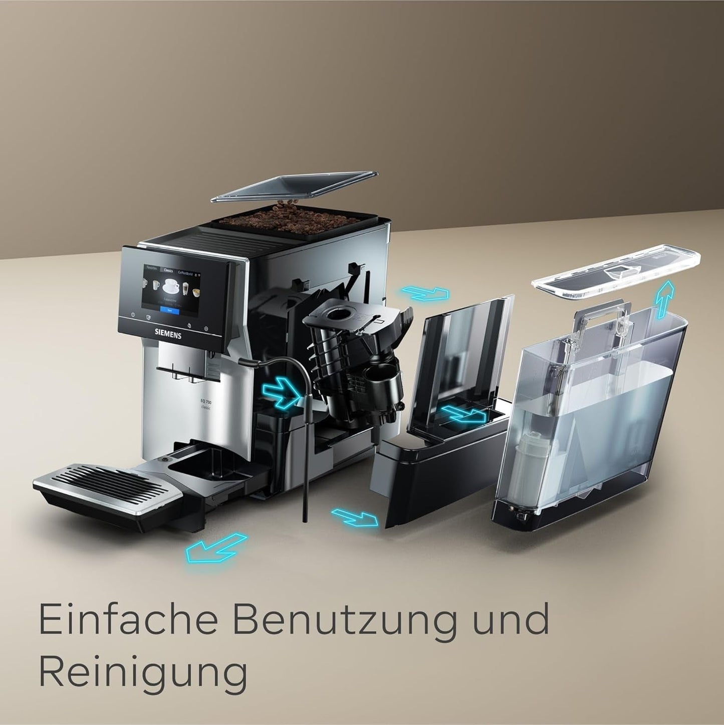 Cafetera espresso automática Siemens EQ700 classic TP715D01, control por aplicación, preparación en frío, pantalla táctil intuitiva, hasta 10 creaciones de café individuales como favoritas, limpieza automática con vapor, 1500 W, gris plateado
