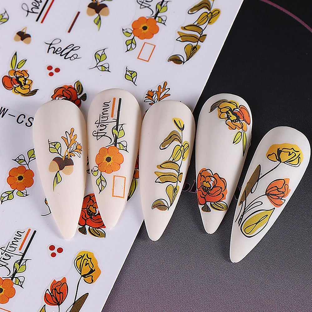 Pegatinas de uñas de otoño 3D, pegatinas de uñas de hojas de calabaza, líneas geométricas, flores, pegatinas de uñas, diseño del día de Acción de Gracias, pegatinas de uñas de calabaza de otoño, accesorios de uñas, arte de uñas