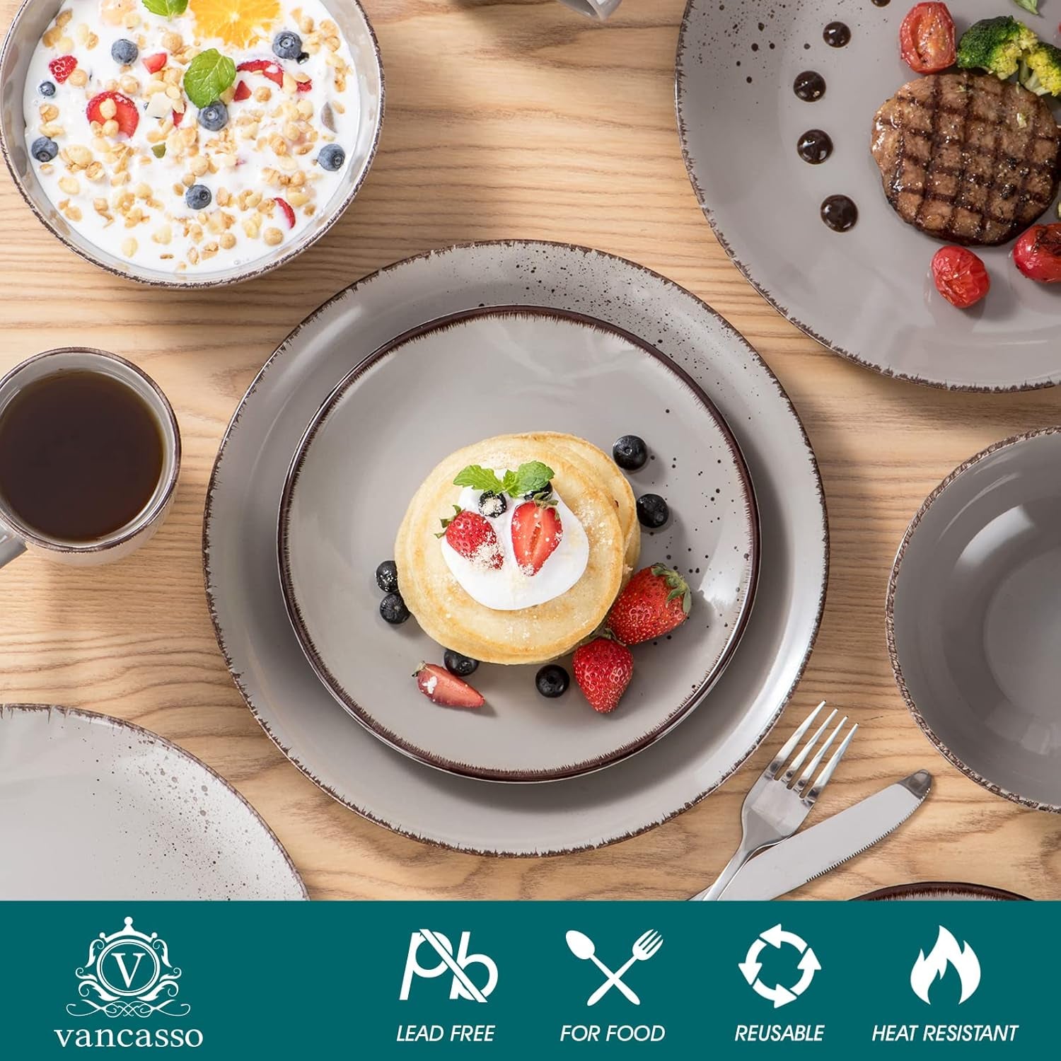 Vancasso Vajilla para 12 personas Navia Vajilla de gres, 48 ​​piezas, juego combinado con platos, ensaladeras, cuencos y tazas, aspecto vintage, diseño natural