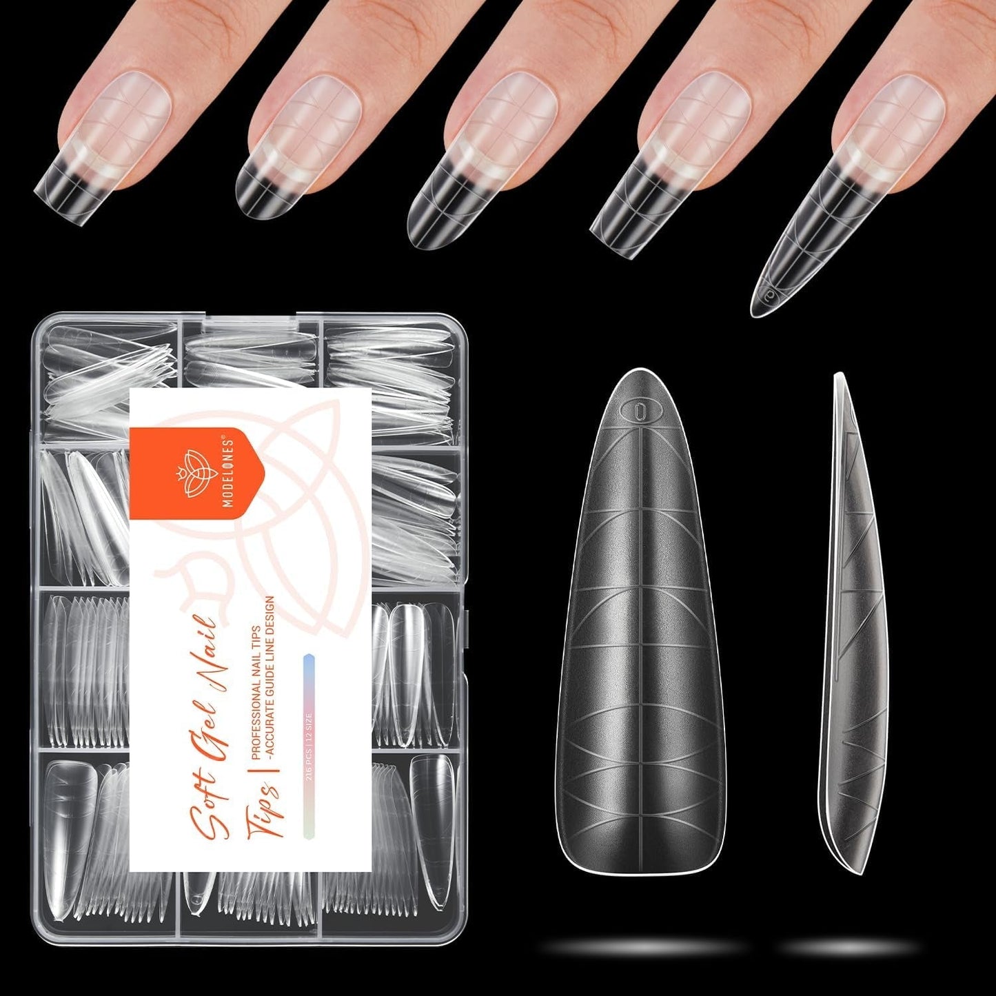 Modelones Puntas de Uñas 216 Piezas - Juego de Puntas de Uñas de Cobertura Completa, Juego de Puntas de Gel Suave, Puntas de Uñas de Resina PMMA Prepulido, Pegamento DIY en Uñas Artificiales, Almendras Cortas XS