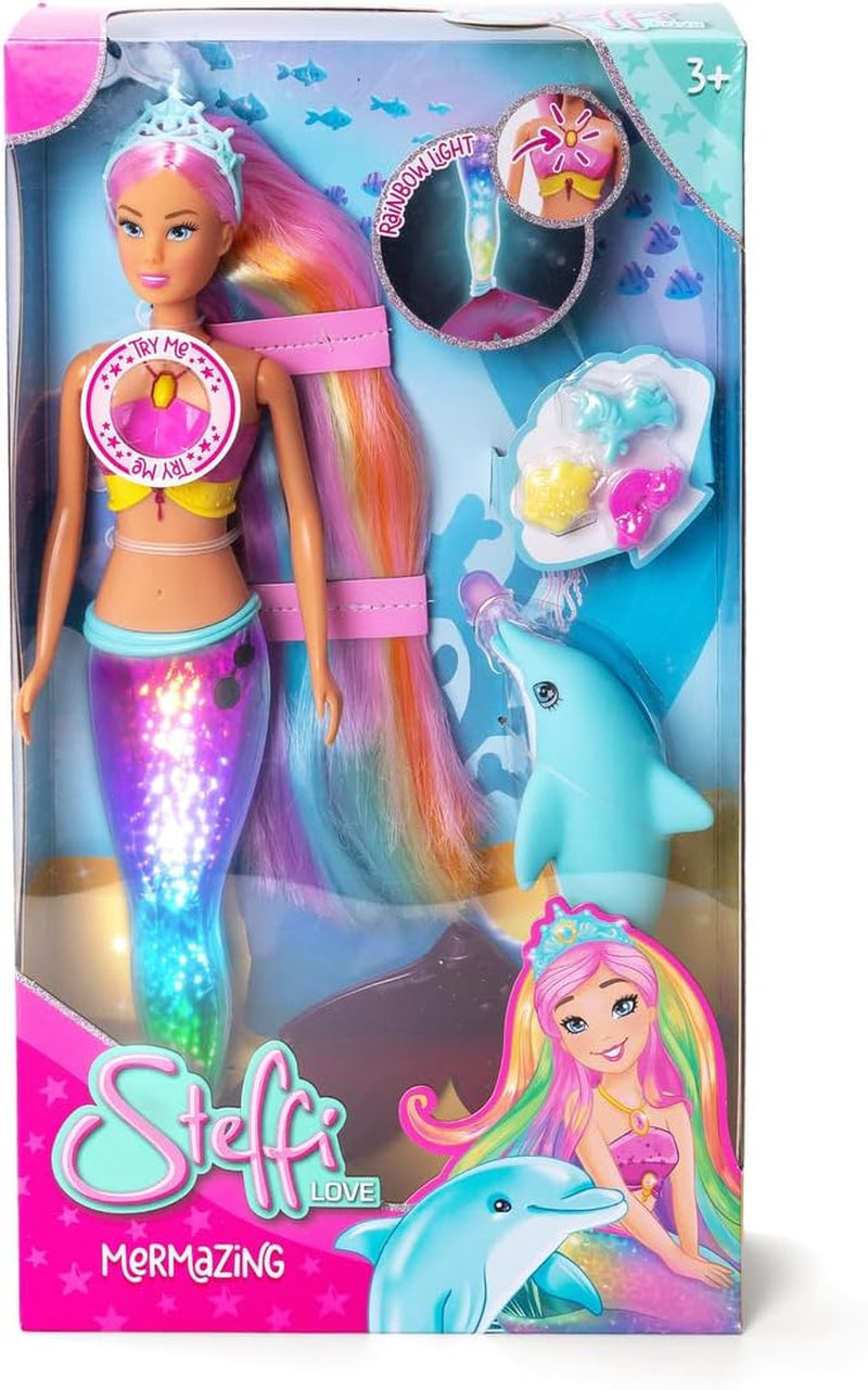 Simba Steffi Love Muñeca Sirena Mermaizing con función de luz arcoíris, pelo extralargo, figura de delfín y pinzas para el pelo, 39 cm de altura, función Try-Me, a partir de 3 años