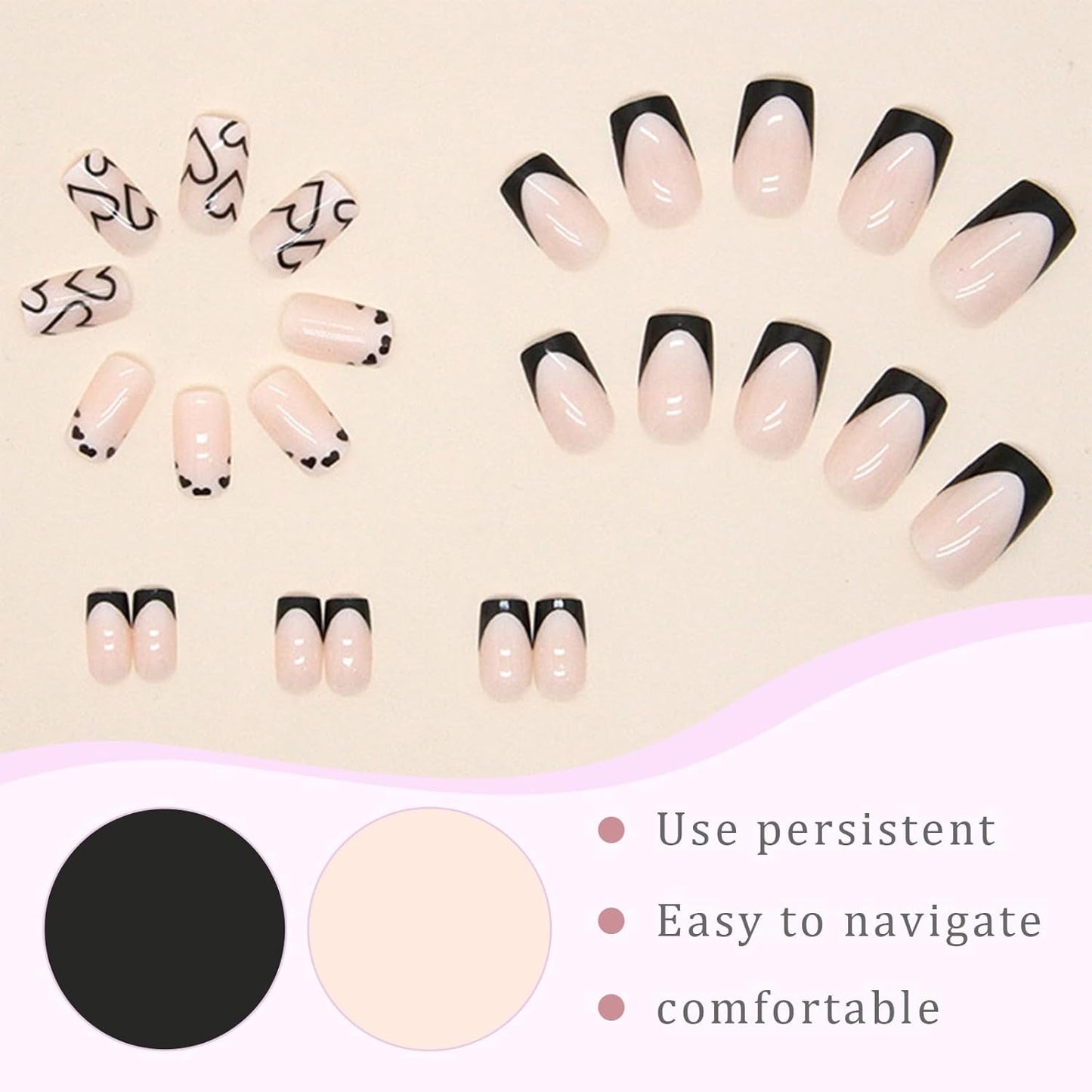 24 Uds. Uñas postizas con punta francesa cuadrada corta, diseño de corazón blanco, uñas acrílicas negras, cubierta completa