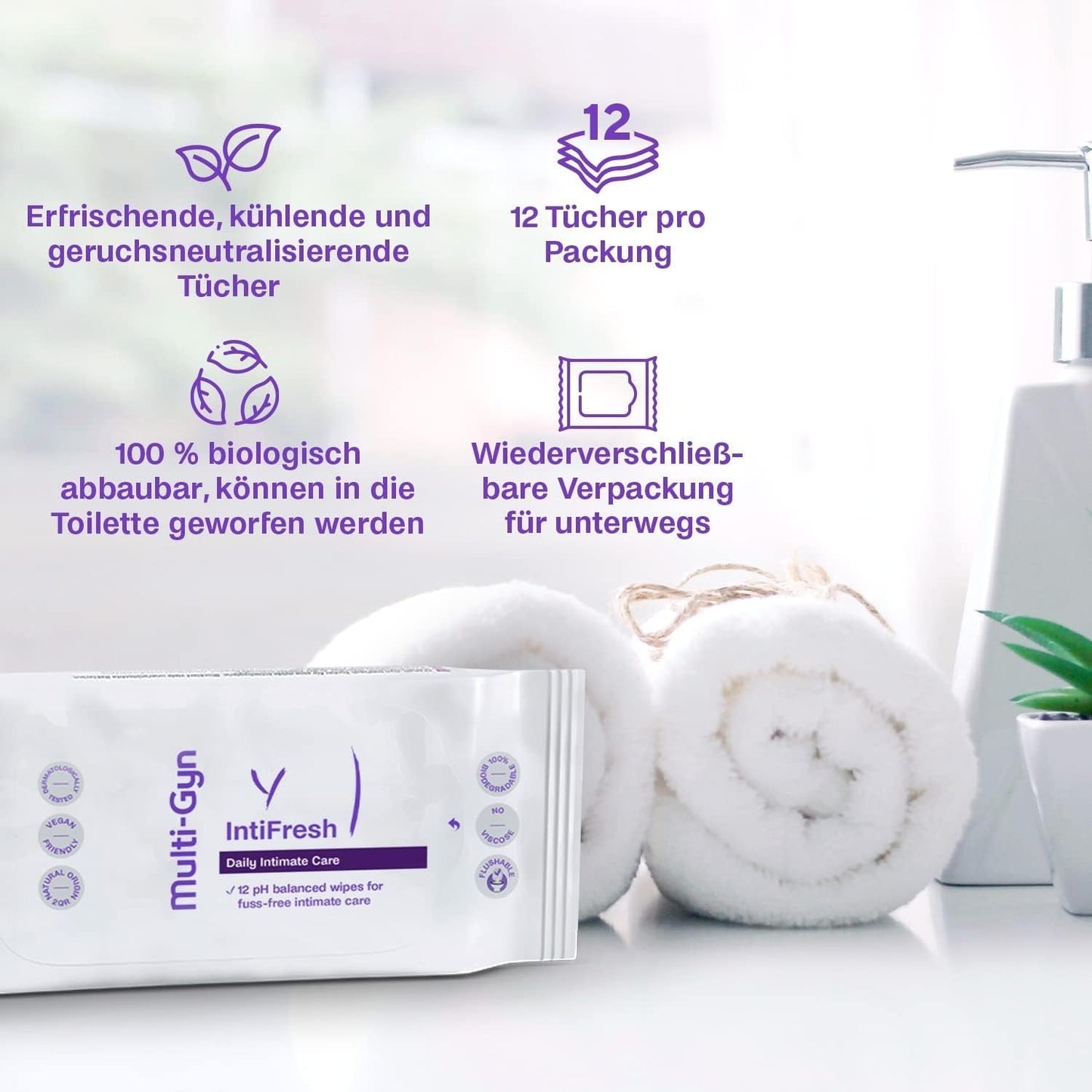 Multi-Gyn Intifresh, toallitas íntimas para uso externo, 12 toallitas húmedas