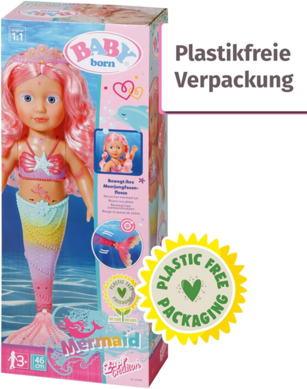 BABY Born Little Sister Mermaid 46 cm Muñeca sirena impermeable con pelo largo y aleta brillante móvil, incl. tiara y peine, 833681 Zapf Creation Dolls Naty Shop